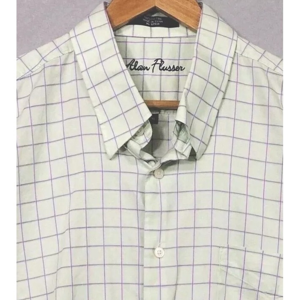 Alan Flusser Men's 2XL Short Sleeve Button Up Shirt 100% Cotton Grid Check Green